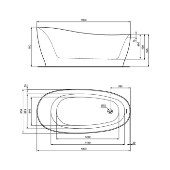Brīvi stāvoša Vanna Ideal Standard Around, 180x85 cm, lietā akrila, matēti balta K8715V1