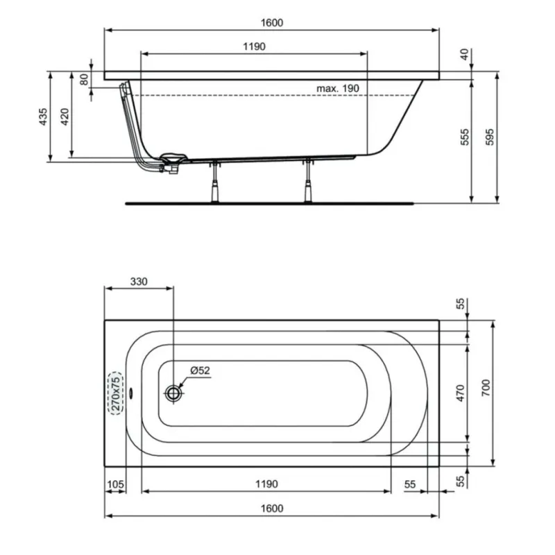Vanna Ideal Standard Simplicity, 160x70 cm, akrila, balta W004301