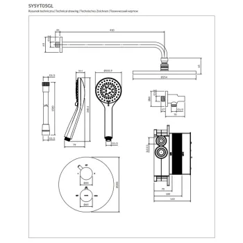 Dušas sistēma Omnires Y iebūvējama, ar lietus dušu, rokas dušu un termostatu spīdīgs Zelta