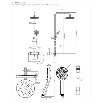 Dušas sistēma Omnires Y ar lietus dušu, rokas dušu pulēts zelts