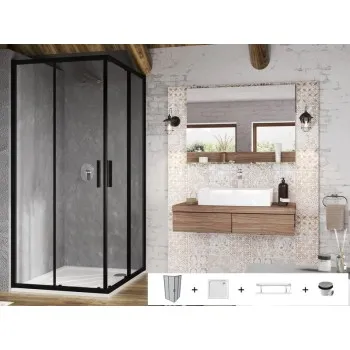 Dušas kabīnes komplekts RAVAK SET11 BLSRV2-90 Caurspīdīgs stikls, Melns Profili