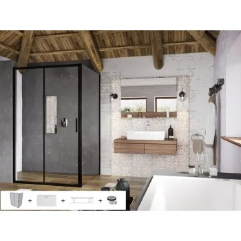 Dušas kabīnes komplekts RAVAK SET15 BLSDP2-120 Kreisā puse, Caurspīdīgs stikls, Melni Profili