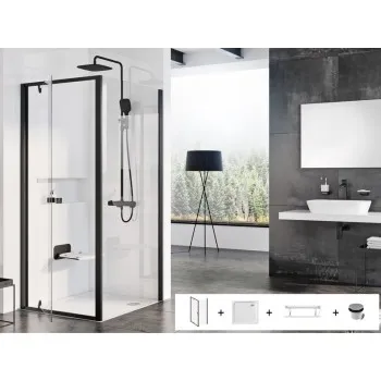 Dušas kabīnes komplekts RAVAK SET19 PDOP1-90 Caurspīdīgs stikls, Melns Profili