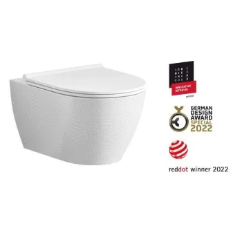 Piekaramais Tualetes Pods Sanindusa SANLIFE Rimfree ar Soft Close clipoff vāku Balts Matēts Teksturēts