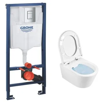 Tualetes poda komplekts Grohe Rapid SL ar Urb.y 48 Rimfree podu ar Soft Close Easyclip Slim vāku, Hromētu poga Skate Cosmopolitan