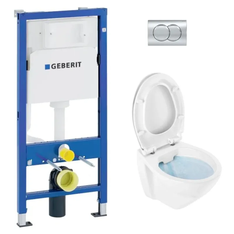 Tualetes poda komplekts Geberit Duofix ar Sanindusa Cetus 52 Rimfree podu, Soft Close easyclip vāks, Hromētu poga Delta01