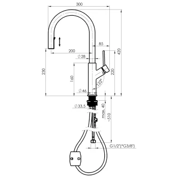 Virtuves ūdens maisītājs Rubineta Bona-33 PO (DG) ar izvelkamo uzgali BO330DG8 hromēts