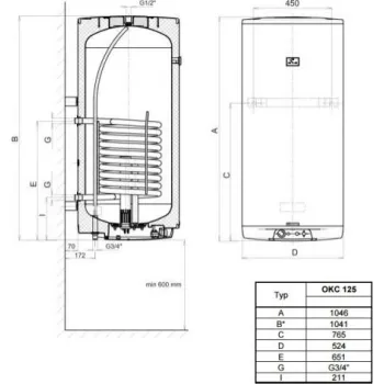 Kombinētais ūdens sildītājs (Boilers) Dražice OKC-125L/1m2 vertikāls