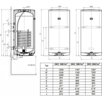Kombinētais ūdens sildītājs (Boilers) Dražice OKC-160L ar siltummaiņa platību 1m2. vertikāls
