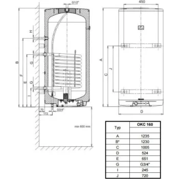 Kombinētais ūdens sildītājs (Boilers) Dražice OKC-160L vertikāls