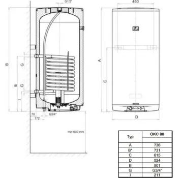Kombinētais ūdens sildītājs (Boilers) Dražice OKC-80 L 2kW 7kW vertikāls