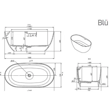Akmens masas vanna BLU Ara (ar pārplūdi) 150x73cm Akmens masas vanna BLU Ara (ar pārplūdi) 150x73cm
