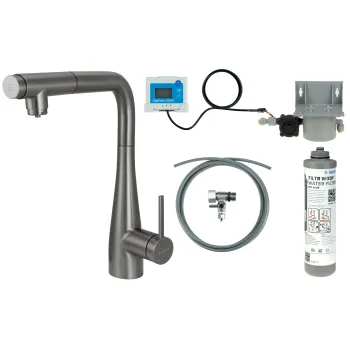 Virtuves jaucējkrāns ar ūdens filtrācijas komplektu un izvelkamu izteku Deante Eridan, titāns BREFD75M