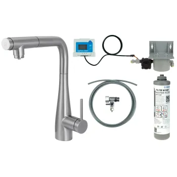 Virtuves jaucējkrāns ar ūdens filtrācijas komplektu un izvelkamu izteku Deante Eridan, matēts metāls BREFF75M