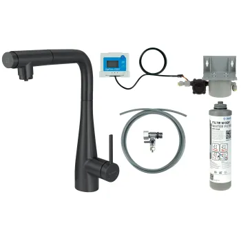 Virtuves jaucējkrāns ar ūdens filtrācijas komplektu un izvelkamu izteku Deante Eridan, melns BREFN75M