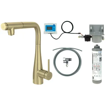 Virtuves jaucējkrāns ar ūdens filtrācijas komplektu un izvelkamu izteku Deante Eridan, matēts zelts BREFR75M