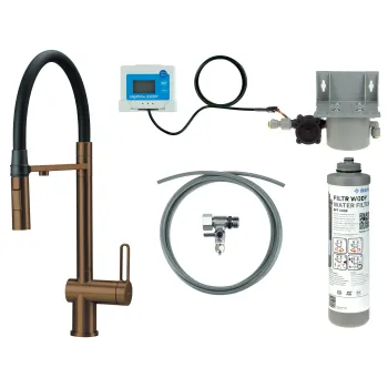 Virtuves jaucējkrāns ar ūdens filtrācijas komplektu un elastīgu izteku Deante Magnetic,matēta bronza BRMFC75M