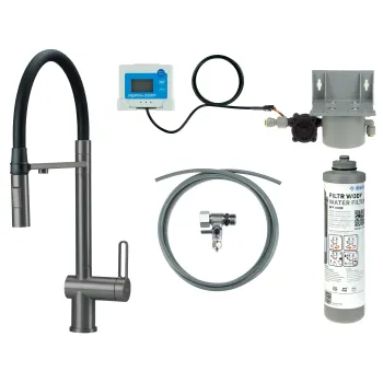 Virtuves jaucējkrāns ar ūdens filtrācijas komplektu un elastīgu izteku Deante Magnetic, titāns BRMFD75M