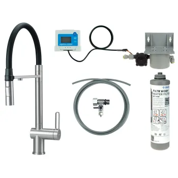 Virtuves jaucējkrāns ar ūdens filtrācijas komplektu un elastīgu izteku Deante Magnetic, matēts metāls BRMFF75M