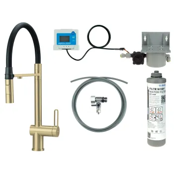 Virtuves jaucējkrāns ar ūdens filtrācijas komplektu un elastīgu izteku Deante Magnetic, matēts zelts BRMFR75M