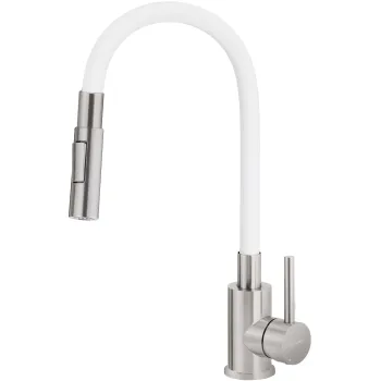 Virtuves jaucējkrāns ar elastīgu izteku - 2 veidu strūklas Deante Luno, balts, matēts metāls BOC_W740