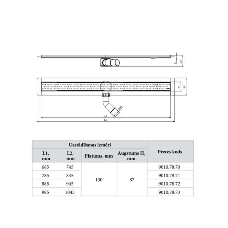 ACO ShowerDrain B Dušas kanāls ar resti 685mm, h-87mm, 9010.78.70