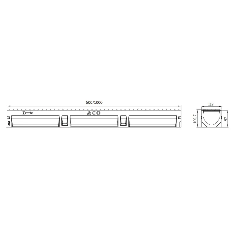 ACO Euroline Kanāls ar čuguna režģi 1000mm un PVC cauruli, B125