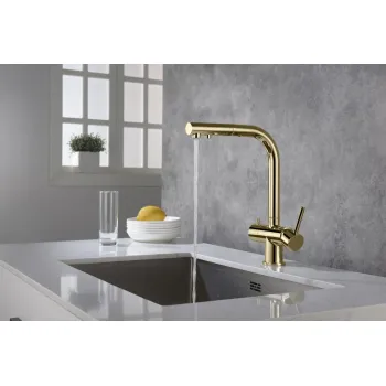 BLUE WATER APALA Virtuves jaucējkrāns filtrētam ūdenim ar izvelakmu izteku, APALA-GOLD