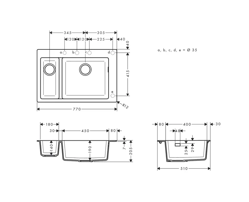 Hansgrohe S510-F635 Virtuves izlietne 77x51cm, graphite black