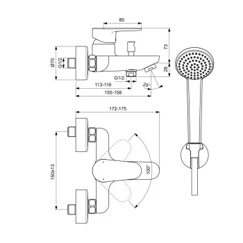 Ideal Standard Cerafine Vannas/dušas jaucējkrāns ar dušas komplektu, melns matēts BC706XG Ideal Standard Cerafine Vannas/dušas jaucējkrāns ar dušas komplektu, melns matēts BC706XG