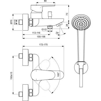 Ideal Standard Cerafine Vannas/dušas jaucējkrāns ar dušas komplektu, BC706AA Ideal Standard Cerafine Vannas/dušas jaucējkrāns ar dušas komplektu, BC706AA