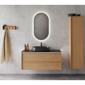 Vannas istabas skapītis Kame HOME 100cm 2 atvilknes, Zem virsmas, Bez izlietnes, dabīgs ozolkoka finierējums