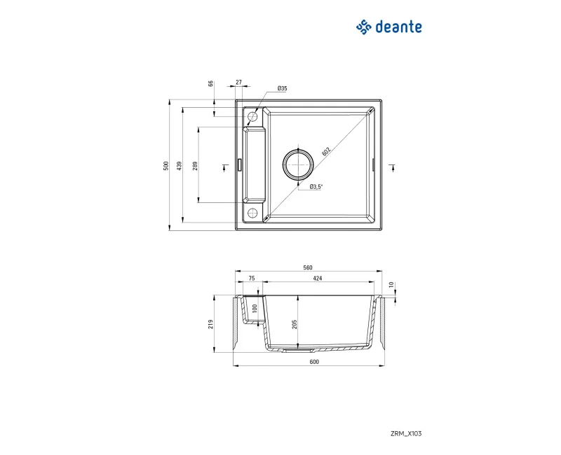 Virtuves izlietne Deante MAGNETIC Granīta 560x500x205mm METALIC ANTRACITE GRANITE Pelēka