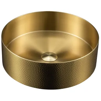 Vannas istabas izlietne Sapho AURUM nerūsējošā tērauda uz virsmas, 38 cm diametrā, ieskaitot noteci, kalta metāla, matēta zelta krāsā
