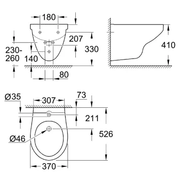 Bide Grohe BauCeramic, stiprināms pie sienas, 370x526 mm, balts