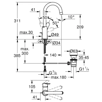 Vannas istabas izlietnes maisītājs Grohe BauEdge ar poop up vārstu, hromēts 23760000