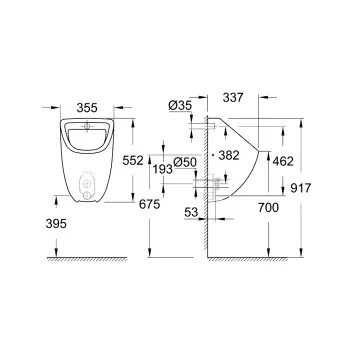 Pisuārs Grohe BauCeramic, 355x337 mm, h=552 mm, slēptais pievads, balts