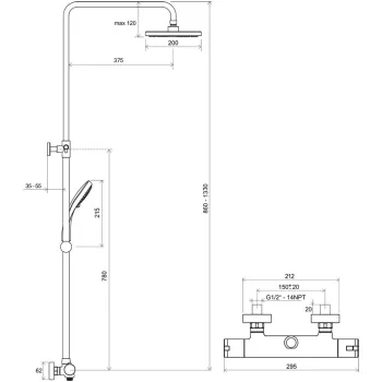 RAVAK Termostata dušas sistēma TE 091.00/150, X070058