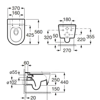 Roca Inspira Round Rimless Piekaramais WC pods ar Slow Close vāk
