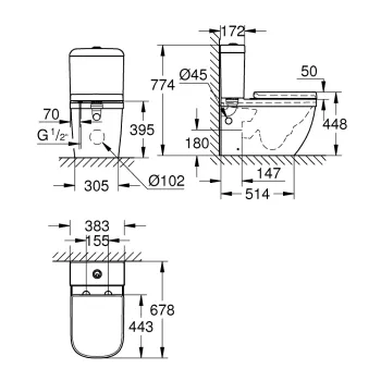 Tualetes pods Grohe  EuroCeramic Rimless ar SC vāku, 368x670 mm, universāls izvads, Triple Vortex, balts