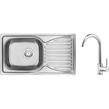 Virtuves izlietne ar jaucējkrānu un notekvirsmu Deante Doppio, satīns ZENB0113