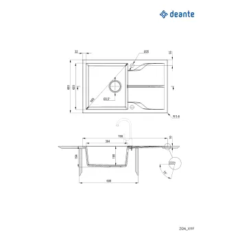 Granīta izlietne ar noteces virsmu - iebūvējama darba virsmā Deante Andante Flush, alabastrs ZQN_A11F