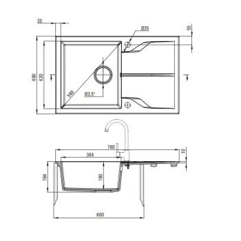Virtuves izlietnes komplekts Deante Andante Granīta ar maisītāju, melns ZQNNN113