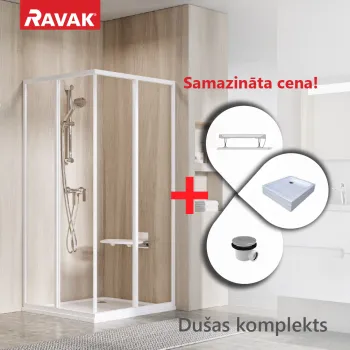 Dušas Kabīnes komplekts RAVAK SET2  dušas stūris SRV2-75 195 S balts + stikls (1.puse)Transparent + paliktnis Aneta 75x90cm