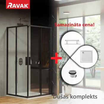 Dušas kabīnes komplekts RAVAK SET10 Dušas stūris BLSRV2-90 melns + stikls Caurspīdīgs + Paliknis Perseus Pro