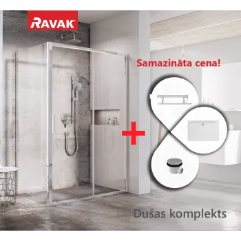 Dušas kabīnes komplekts RAVAK SET12R Dušas durvis BLSDP2-120 hromēts + stikls Caurspīdīgs + Dušas siena BLSPS-80 + Paliknis Gigant Pro Labais