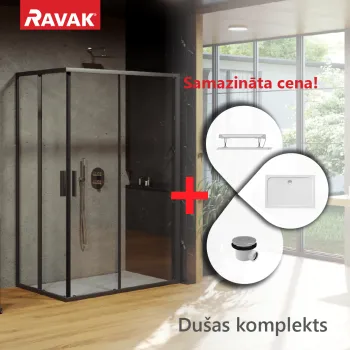 Dušas kabīnes komplekts RAVAK SET15R Dušas durvis BLSRV2K-80 melns, stikls + Dušas durvis BLSRV2K-100 + Paliknis Gigant Pro Labais