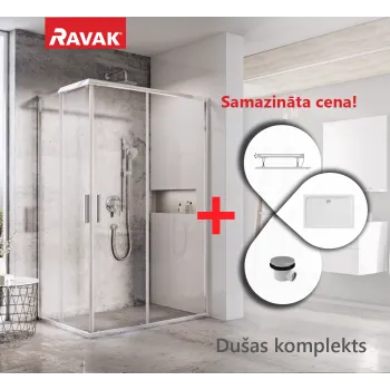 Dušas kabīnes komplekts RAVAK SET20L Dušas durvis BLSRV2K-90 hromēts,  stikls + Dušas durvis BLSRV2K-120 + Paliknis Gigant Pro Kreisais