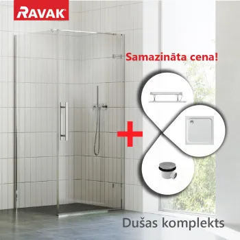 Dušas kabīnes komplekts RAVAK SET21 Dušas durvis COSD1-80 hroms, stikls + Dušas siena COPS-80 + paliktnis Perseus Pro