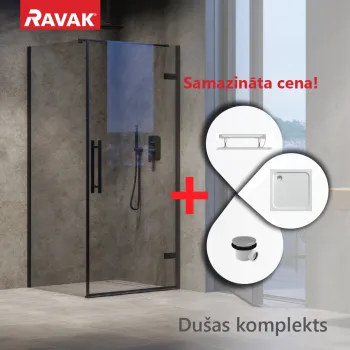 Dušas kabīnes komplekts RAVAK SET22 Dušas durvis COSD1-80 melnas, stikls + Dušas siena COPS-80 + paliktnis Perseus Pro